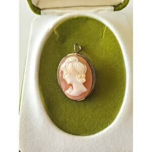 Vintage Hand Carved Shell Victorian Lady 800 Silver Pendant and Earring Set